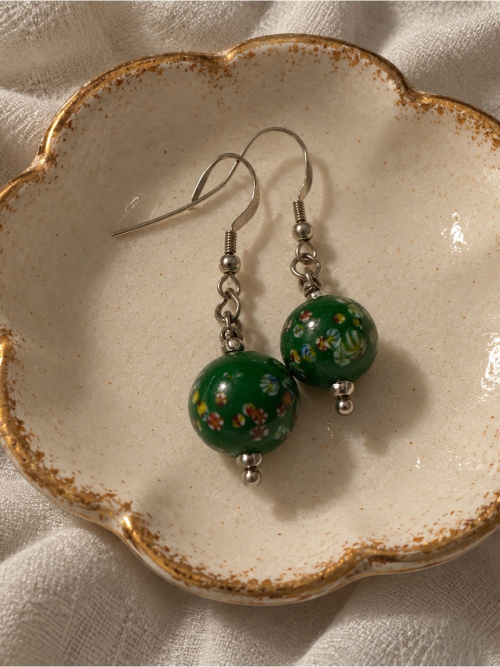 Millefiori green bead earrings